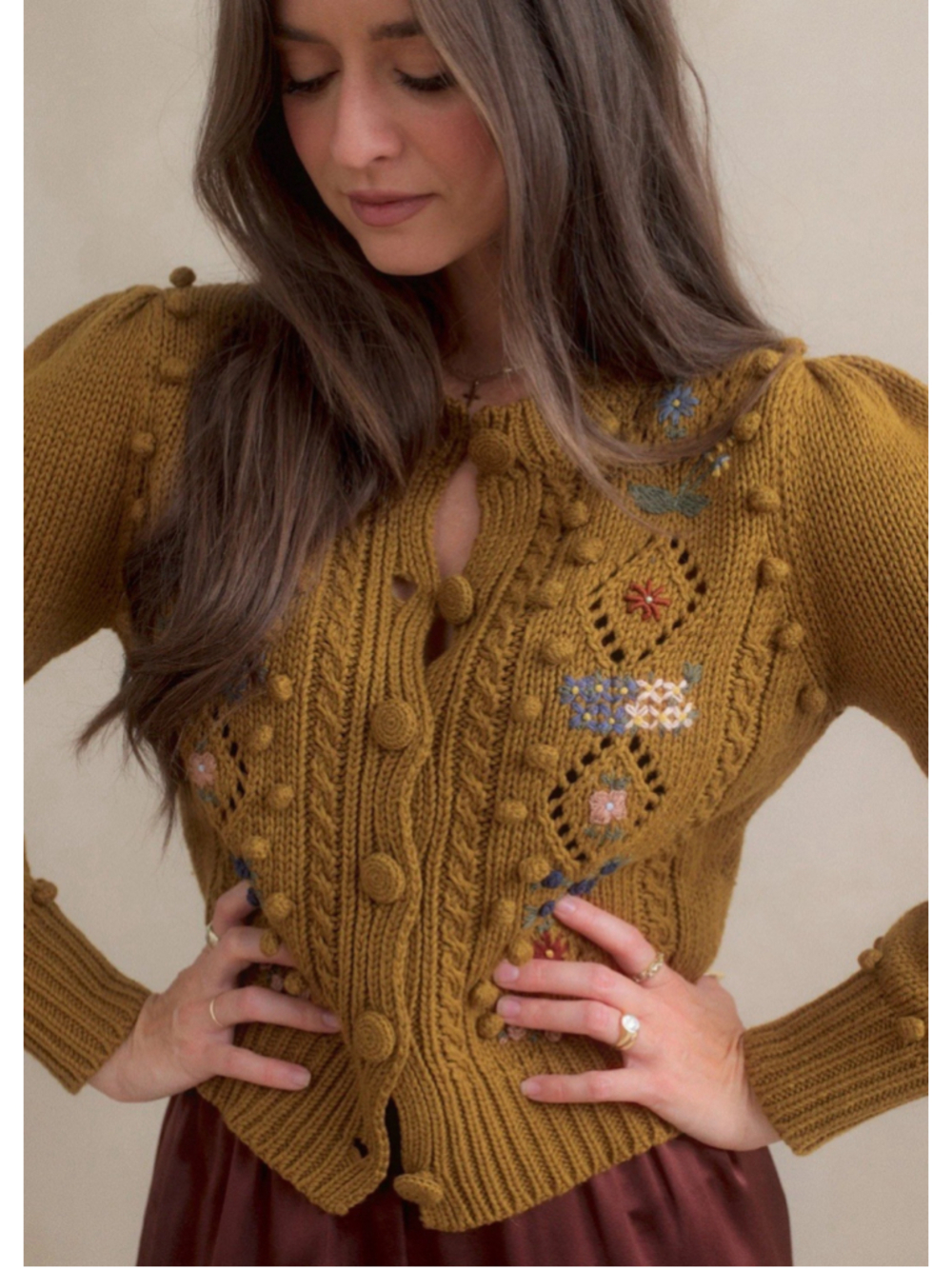 RARE DÔEN Forget Me Not Embroidered Floral Bobble Knit Cardigan Sweater Tan XL - Picture 3 of 14